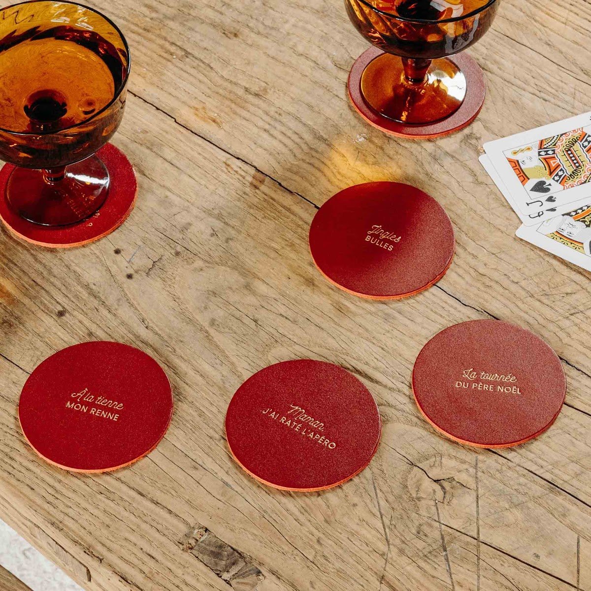 Dessous de verre cuir Noël - Meilleure déco table de Noël originale - Set de 6 pièces illustrées ou à message