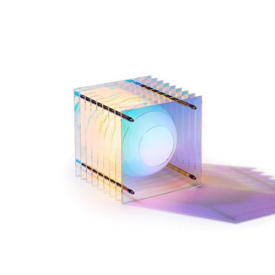 Lampe Design Lop – Bang, lampe de table sculpturale en plaques acryliques et verre opalin, design arty primé