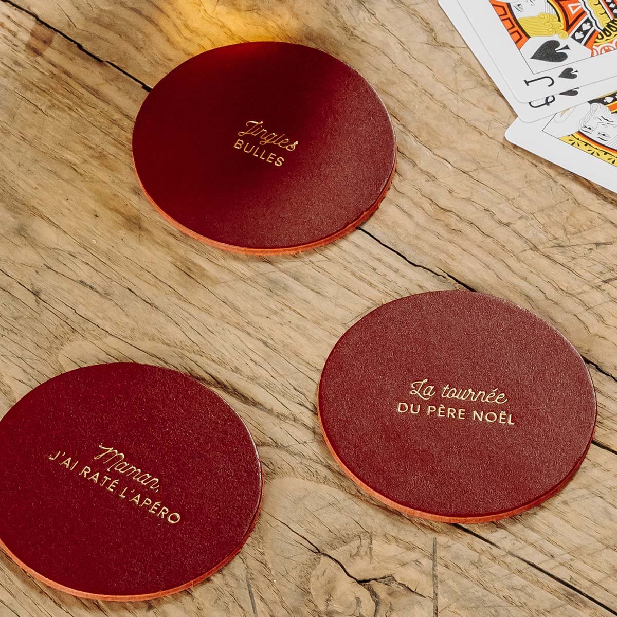 Dessous de verre cuir Noël - Meilleure déco table de Noël originale - Set de 6 pièces illustrées ou à message