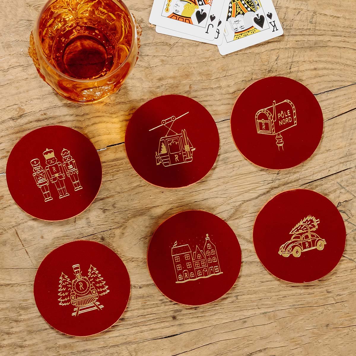 Dessous de verre cuir Noël - Meilleure déco table de Noël originale - Set de 6 pièces illustrées ou à message