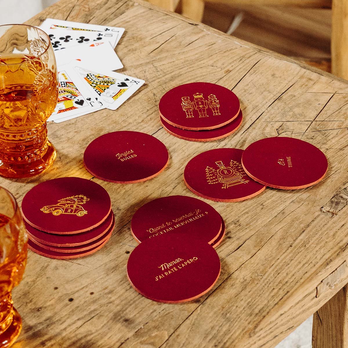 Dessous de verre cuir Noël - Meilleure déco table de Noël originale - Set de 6 pièces illustrées ou à message