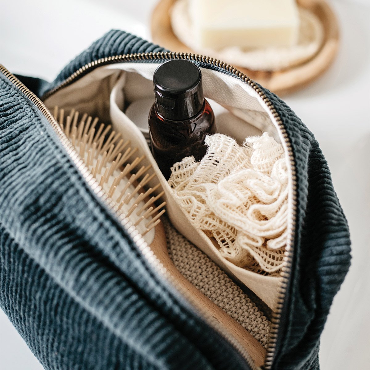 Trousse de toilette en velours côtelé - Épilogue - Trousse de voyage avec anse - Grand format pratique