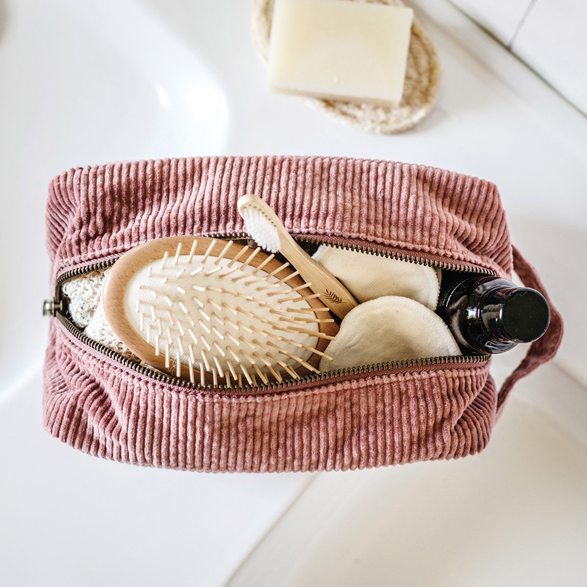 Trousse de toilette en velours côtelé - Épilogue - Trousse de voyage avec anse - Grand format pratique