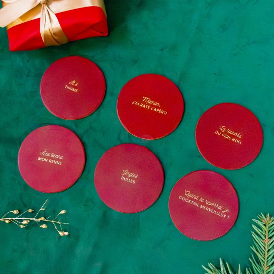 Dessous de verre cuir Noël - Meilleure déco table de Noël originale - Set de 6 pièces expressions