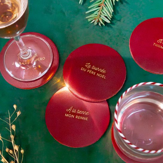 Dessous de verre de Noël en cuir - Meilleure déco table de Noël originale - Set de 6 pièces expressions