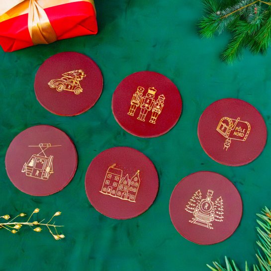 Dessous de verre cuir Noël - Meilleure déco table de Noël originale - Set de 6 pièces illustrées