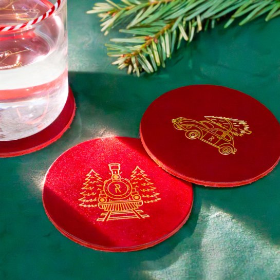 Dessous de verre cuir Noël - Meilleure déco table de Noël originale - Set de 6 pièces illustrées