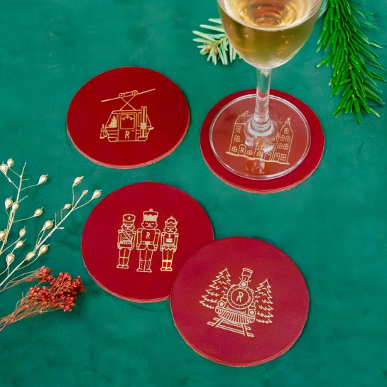 Dessous de verre cuir Noël - Meilleure déco table de Noël originale - Set de 6 pièces illustrées