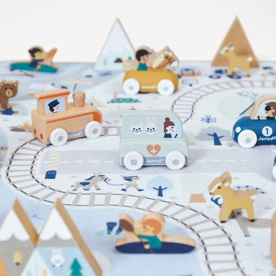 Pack Janod, jeu de voitures et tapis de jeu décoré