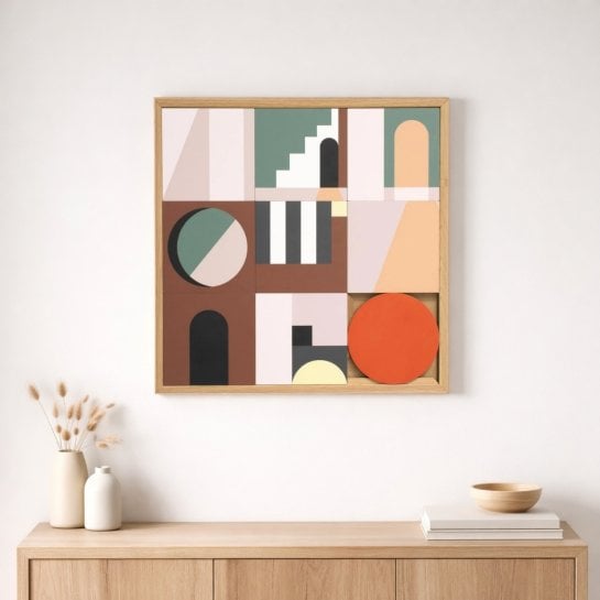 Œuvre murale en bois au relief graphique et moderne