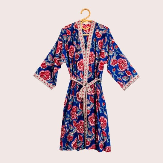 Kimono femme coton Loni bleu - peignoir léger été