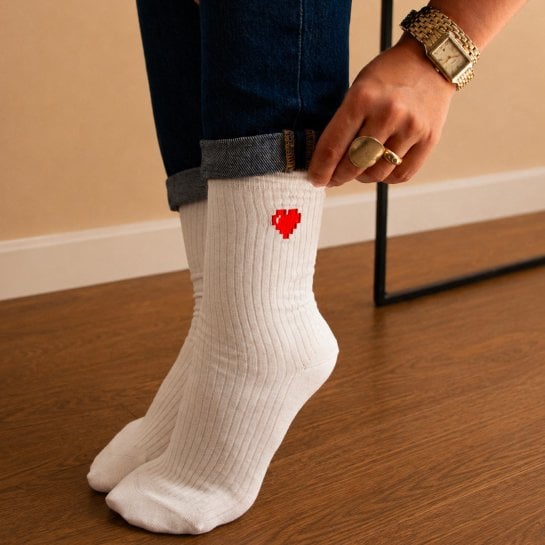 Chaussettes cœur mosaïque brodées - Paire de chaussettes duo homme & femme originales