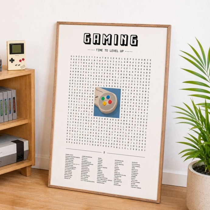 Poster déco gaming avec une grille de mots mêlés