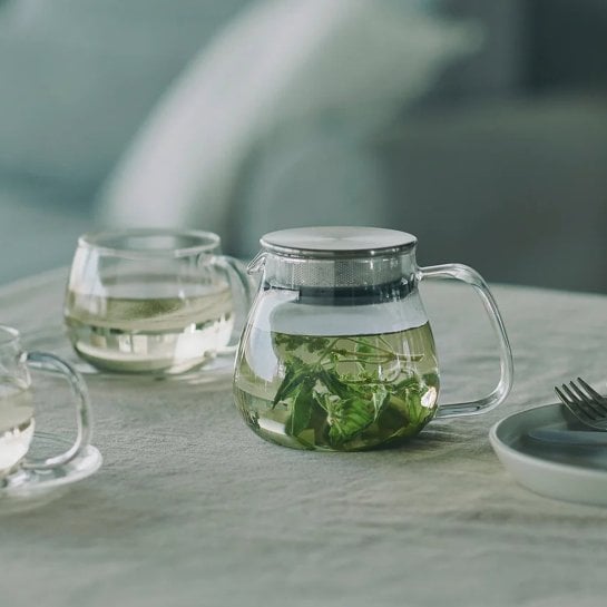 Service à thé japonais Kinto au design minimaliste en verre et inox