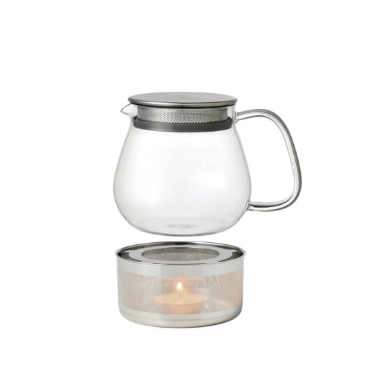 Théière en verre Kinto avec filtre intégré et chauffe-thé
