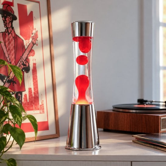 Lampe à lave Fisura avec base chromée, tube en verre et cire colorée