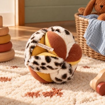 Balle sensorielle bébé Moulin Roty, douce et colorée, avec grelot intégré