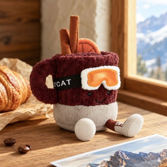 Peluche vin chaud Jellycat - Tasse bordeaux avec masque de ski et bâton de cannelle - Jellycat