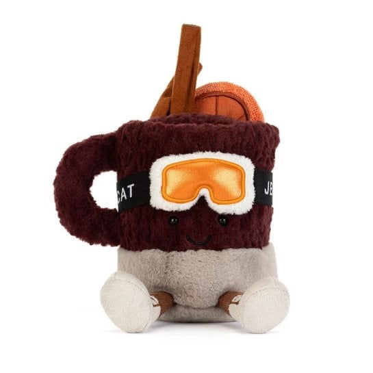 Peluche vin chaud Jellycat - Tasse bordeaux avec masque de ski et bâton de cannelle - Jellycat