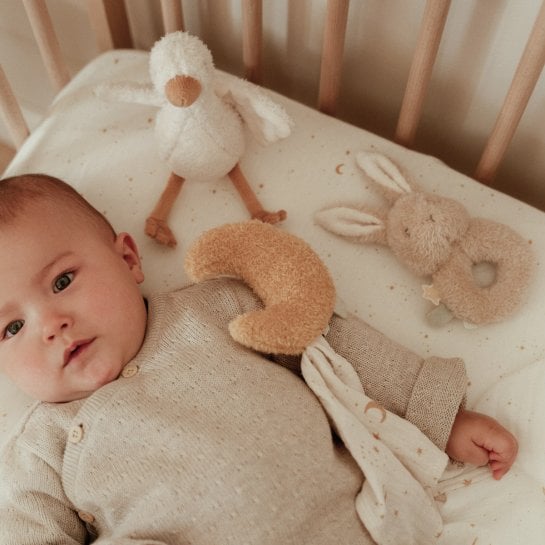 Ensemble de peluche oie, doudou lune et hochet lapin