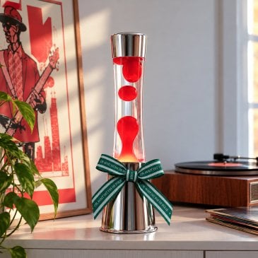 Lampe à lave Fisura avec base chromée, tube en verre et cire colorée